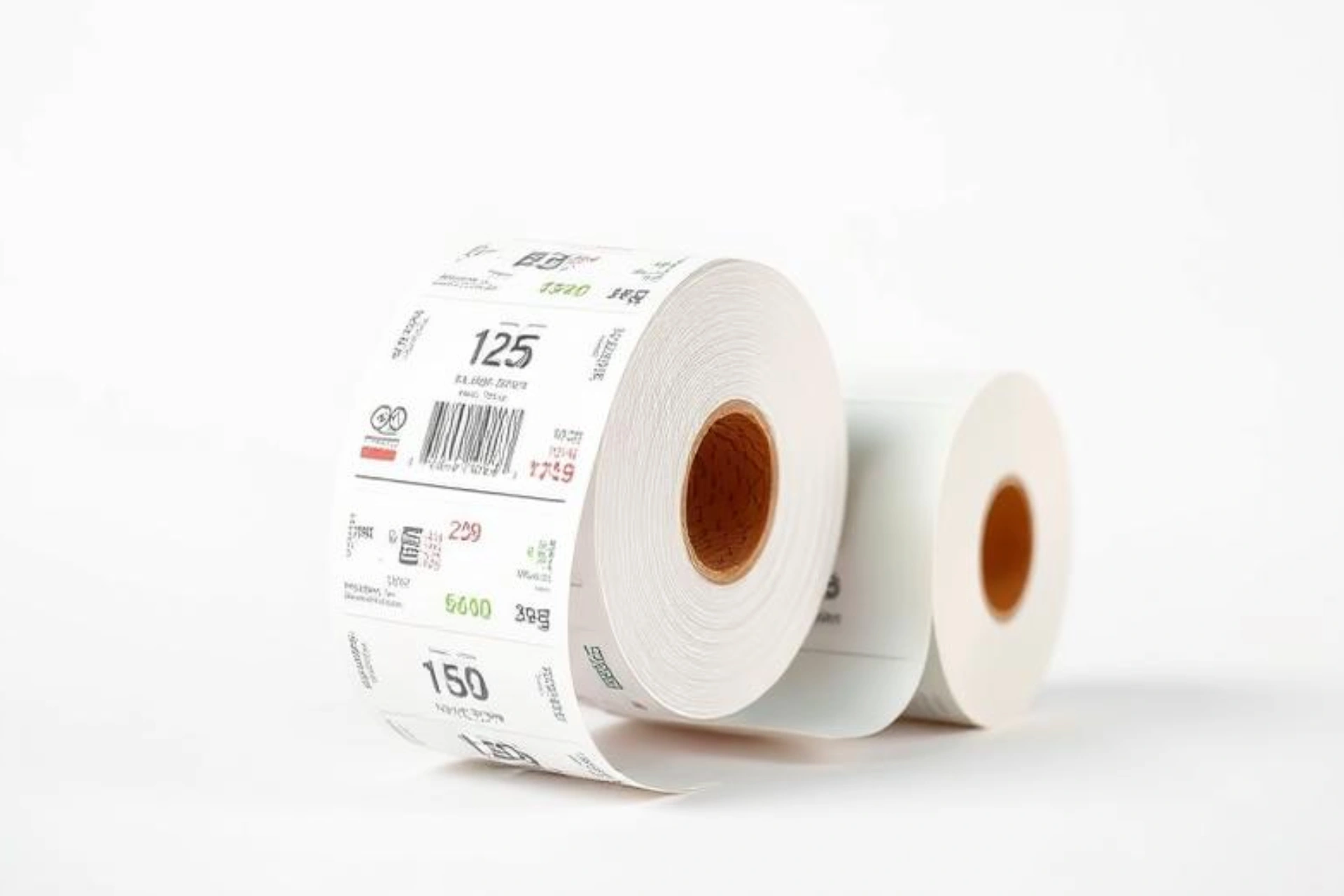 Two rolls of white adhesive labels with printed barcodes and numbers on a white background.