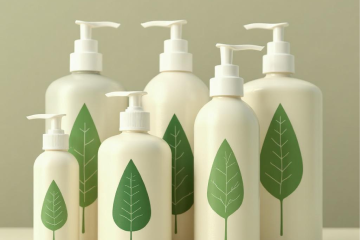 Various sizes of cream-colored plastic pump bottles with green leaf designs.