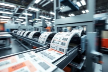 Automated label printing machine producing barcode and product labels in a factory setting.