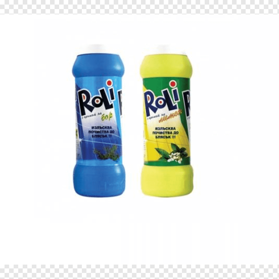 Two bottles of Roli cleaning powder, one blue and one yellow, with Bulgarian text on the labels.
