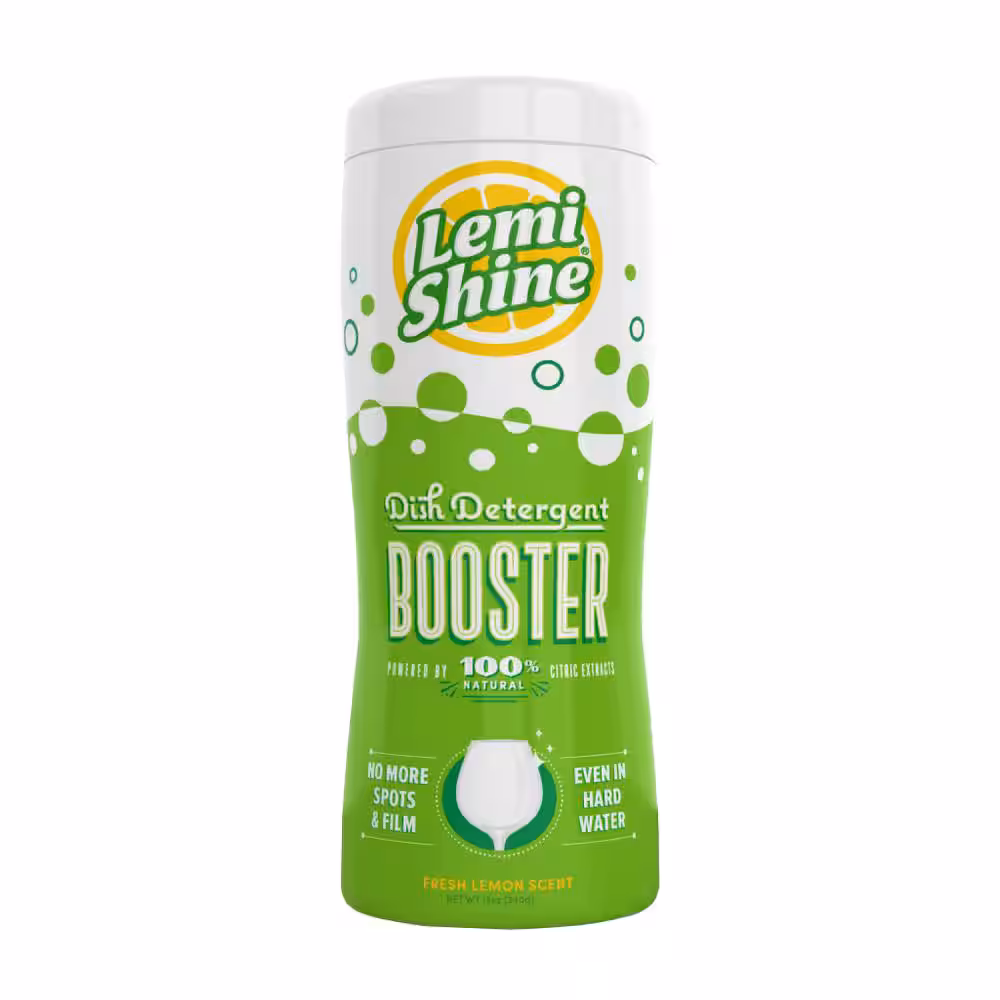 Container of Lemi Shine Dish Detergent Booster with fresh lemon scent and claims to remove spots and film, even in hard water.