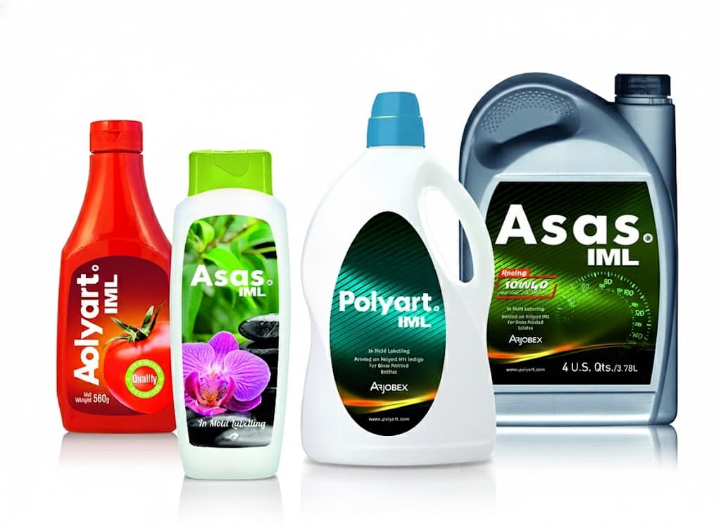 Four plastic bottles of different sizes and colors with labels reading Ablyart, Asas, and Polyart IML.