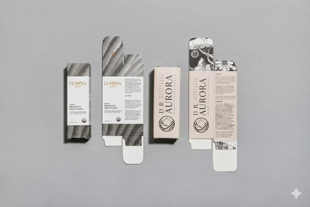 Two sets of flat paperboard packaging designs laid out on a gray surface, one labeled Lumina with monochrome abstract patterns, the other labeled Dr Aurora with a minimalist peach tone and black line botanical illustrations.