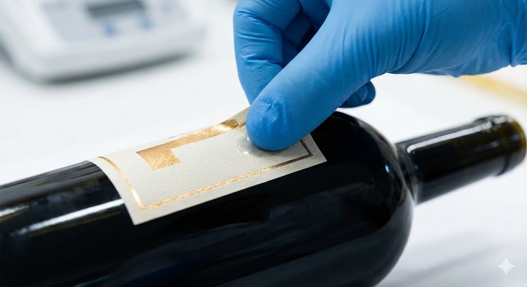Close-up of a gloved hand applying a gold foil label onto a dark glass bottle.