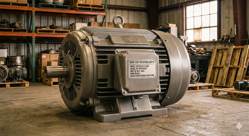 Heavy-duty industrial motor labeled Hercules-X1000 placed on concrete floor in a workshop with shelves, pallets, and machinery in the background.