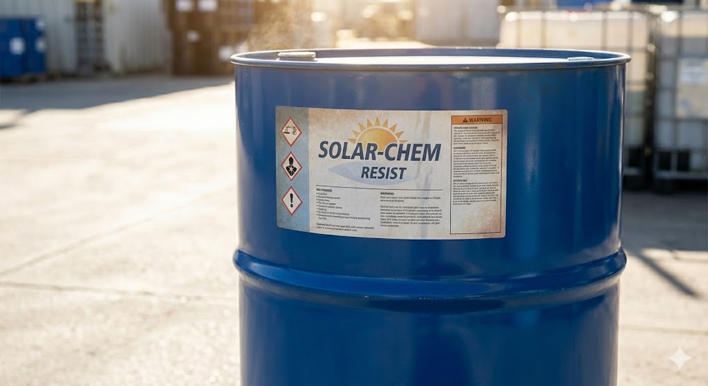 Blue industrial barrel labeled 'SOLAR-CHEM RESIST' with warning and hazard symbols, set outdoors in bright sunlight.
