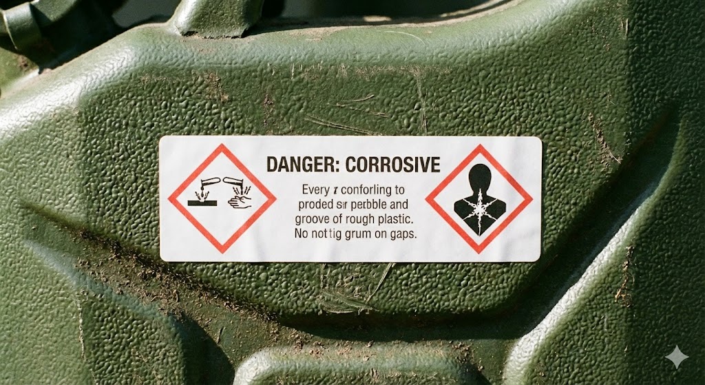Green container with a white warning label stating 'DANGER: CORROSIVE' and showing corrosive and health hazard symbols.