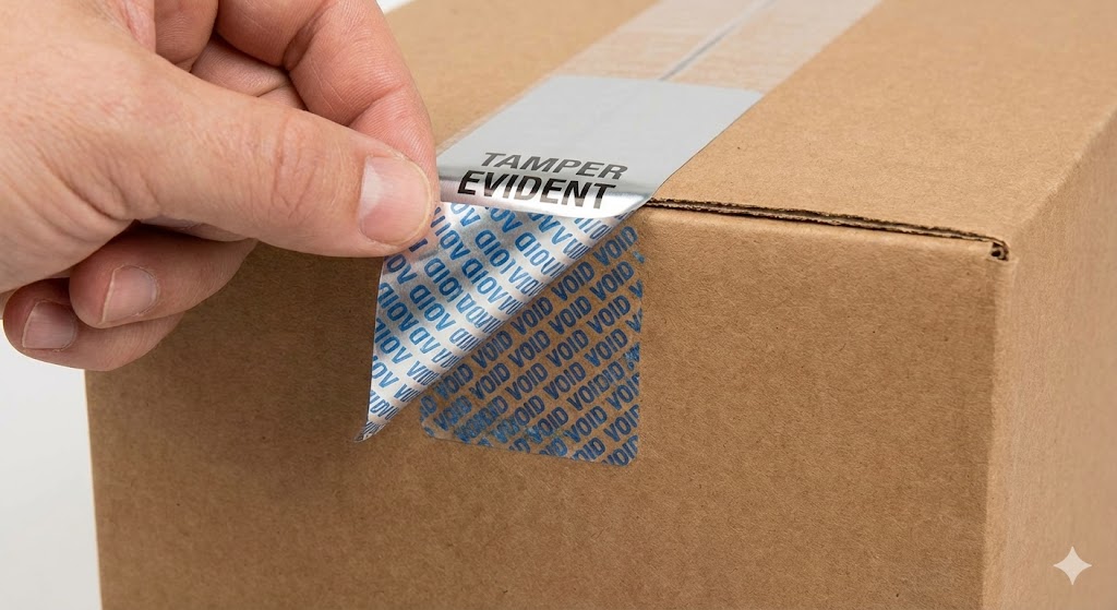 Hand peeling off a tamper-evident security seal from a cardboard box, revealing blue 'VOID' text underneath.