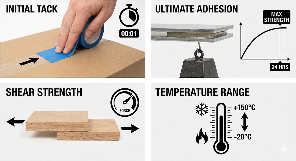 Four-panel graphic showing adhesive tape benefits: initial tack applied to cardboard, ultimate adhesion holding a heavy weight after 24 hours, shear strength demonstrated by two wooden blocks pulling apart, and temperature range from -20 to +150 degrees Celsius.