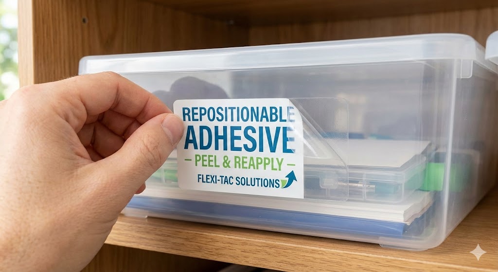 Hand peeling off a label that reads 'Repositionable Adhesive - Peel & Reapply - Flexi-Tac Solutions' from a clear plastic storage box on a wooden shelf.