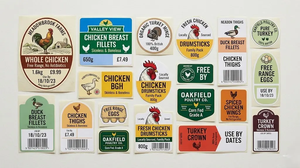 Collection of various poultry product labels including whole chicken, chicken breast fillets, organic turkey mince, drumsticks, duck breast fillets, free range eggs, spiced chicken wings, and turkey crown with weight, price, and use-by dates.
