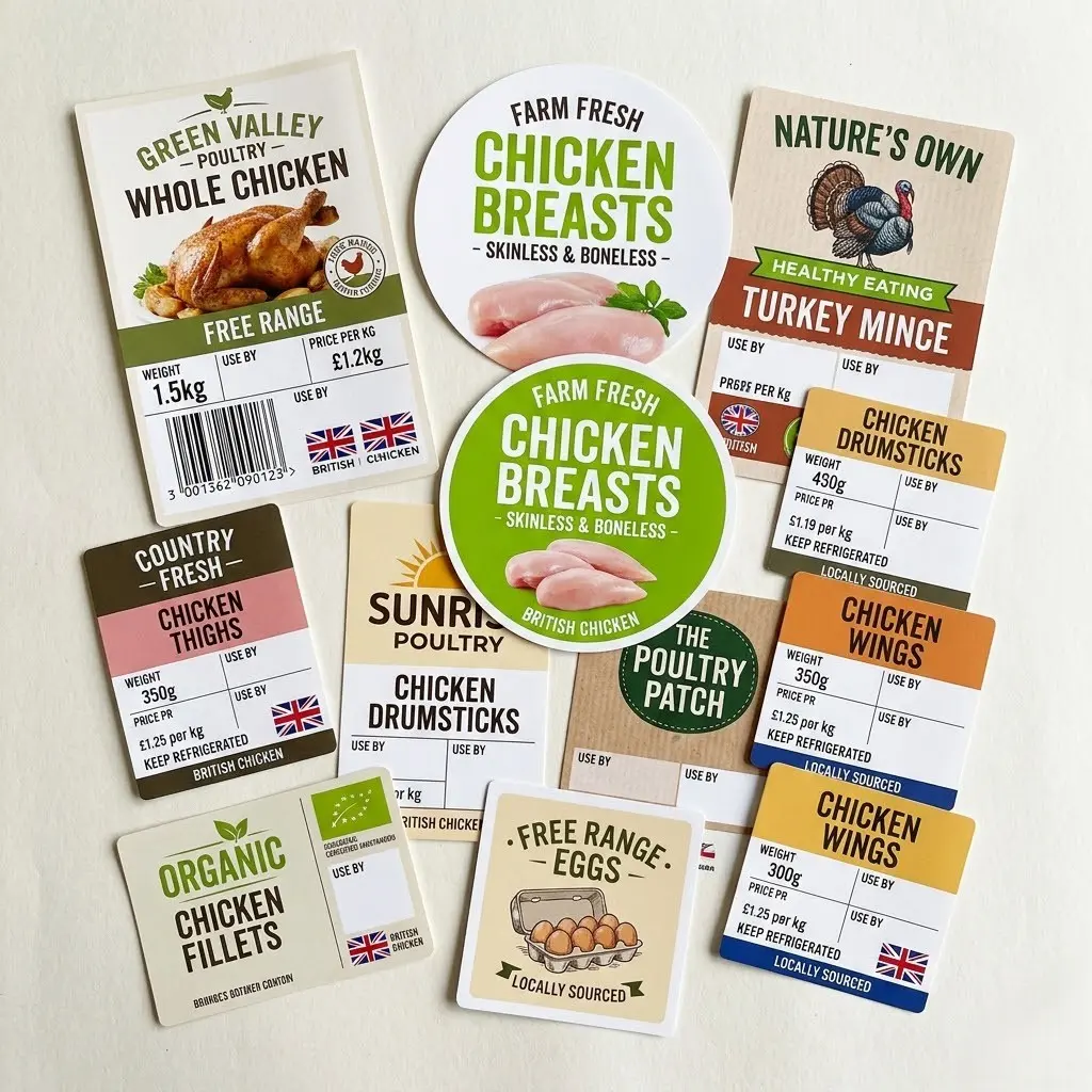 Various poultry product labels including whole chicken, chicken breasts, turkey mince, chicken drumsticks, chicken wings, chicken thighs, organic chicken fillets, and free range eggs.