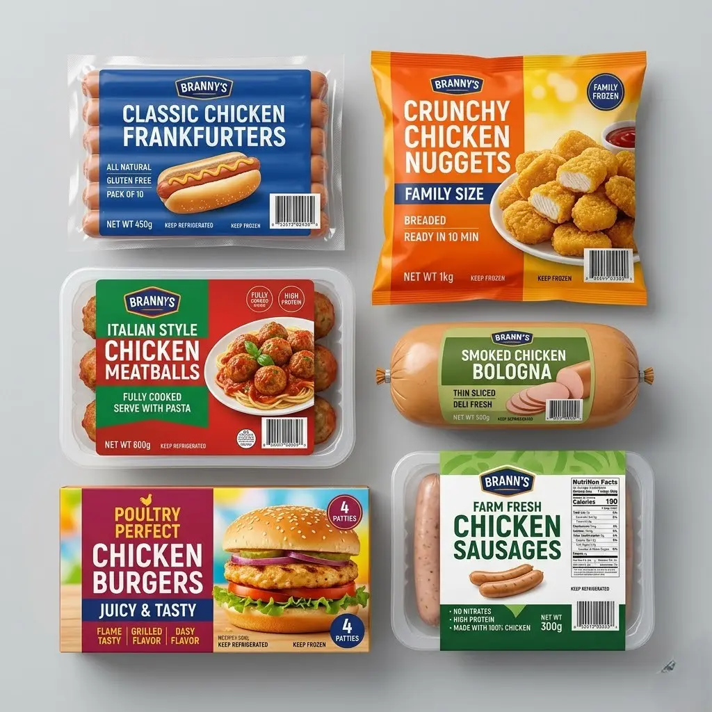 Various packaged chicken products including classic chicken frankfurters, crunchy chicken nuggets, Italian style chicken meatballs, smoked chicken bologna, poultry perfect chicken burgers, and farm fresh chicken sausages.