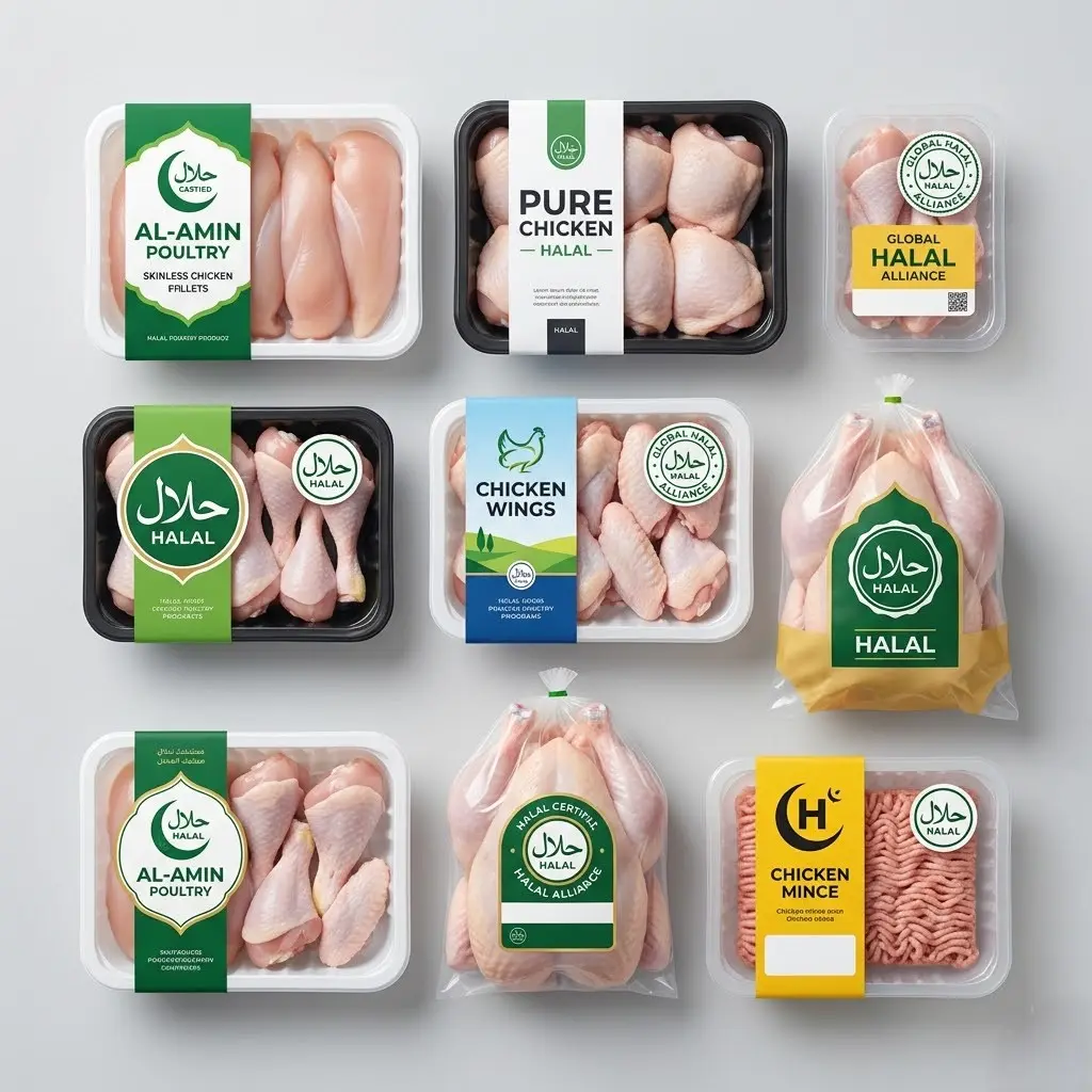 Various packages of Halal poultry products including skinless chicken fillets, drumsticks, wings, whole chicken, and chicken mince, all labeled with Halal certification logos.