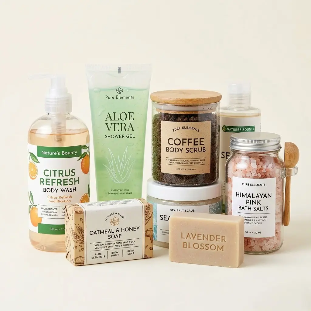 Collection of body care products including Citrus Refresh body wash, Aloe Vera shower gel, Coffee body scrub, Sea salt scrub, Himalayan pink bath salts, Oatmeal & honey soap, and Lavender Blossom soap bar.