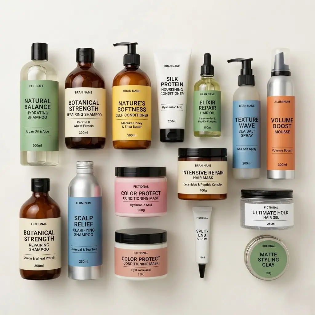 Various hair care products including shampoos, conditioners, hair oils, sprays, masks, mousse, gel, serum, and styling clay with neutral and pastel labels.