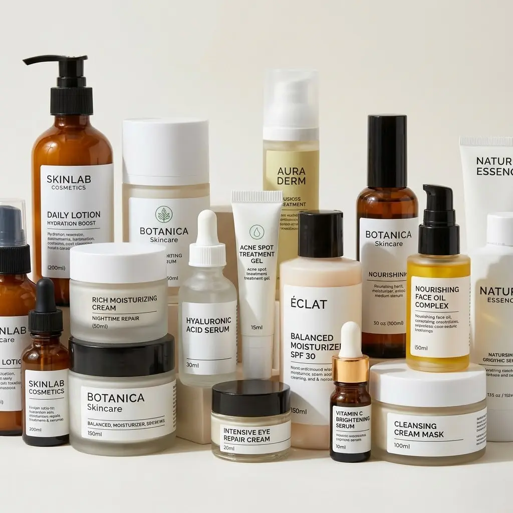 Various skincare products including lotions, serums, creams, and oils arranged on a light surface.
