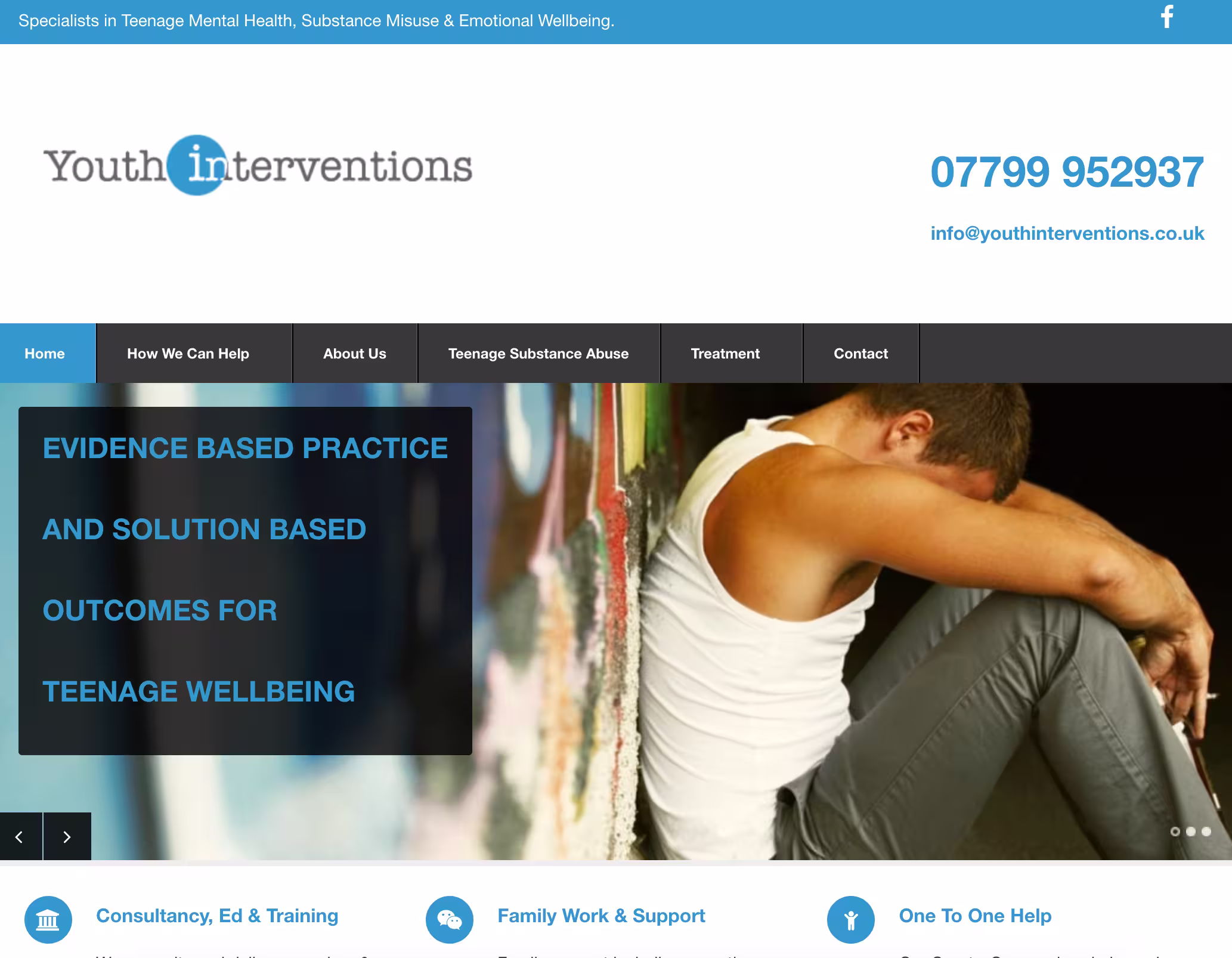 original website homepage featuring a navigation menu, contact information, and a hero slider showing a young person sitting against a graffiti wall with text about evidence-based practice for teenage wellbeing