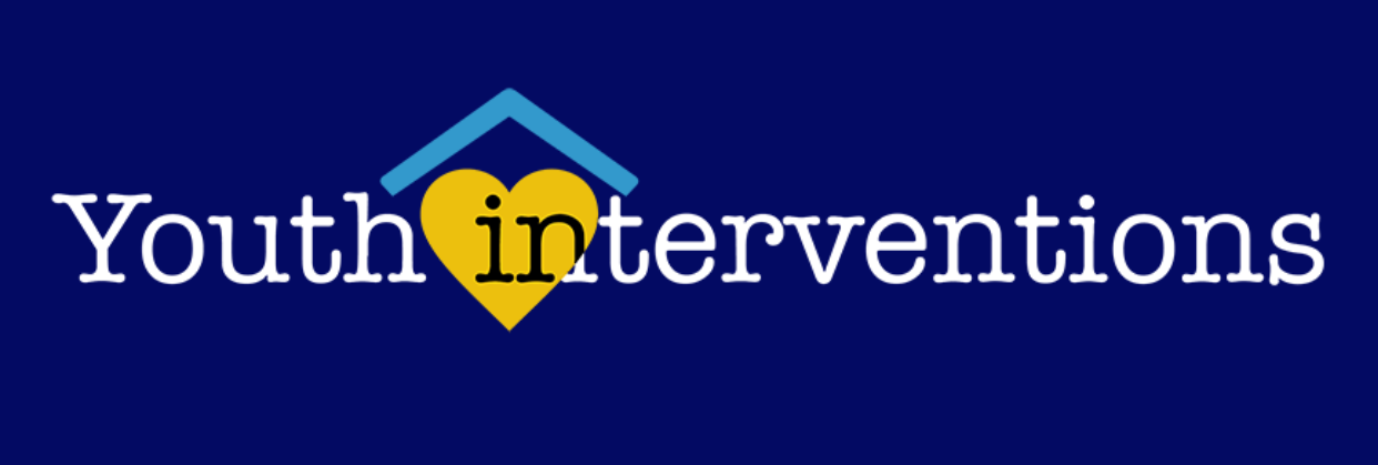 Youth Interventions logo featuring a heart and roof icon over the letter 'i' in white typewriter-style text on a navy blue background