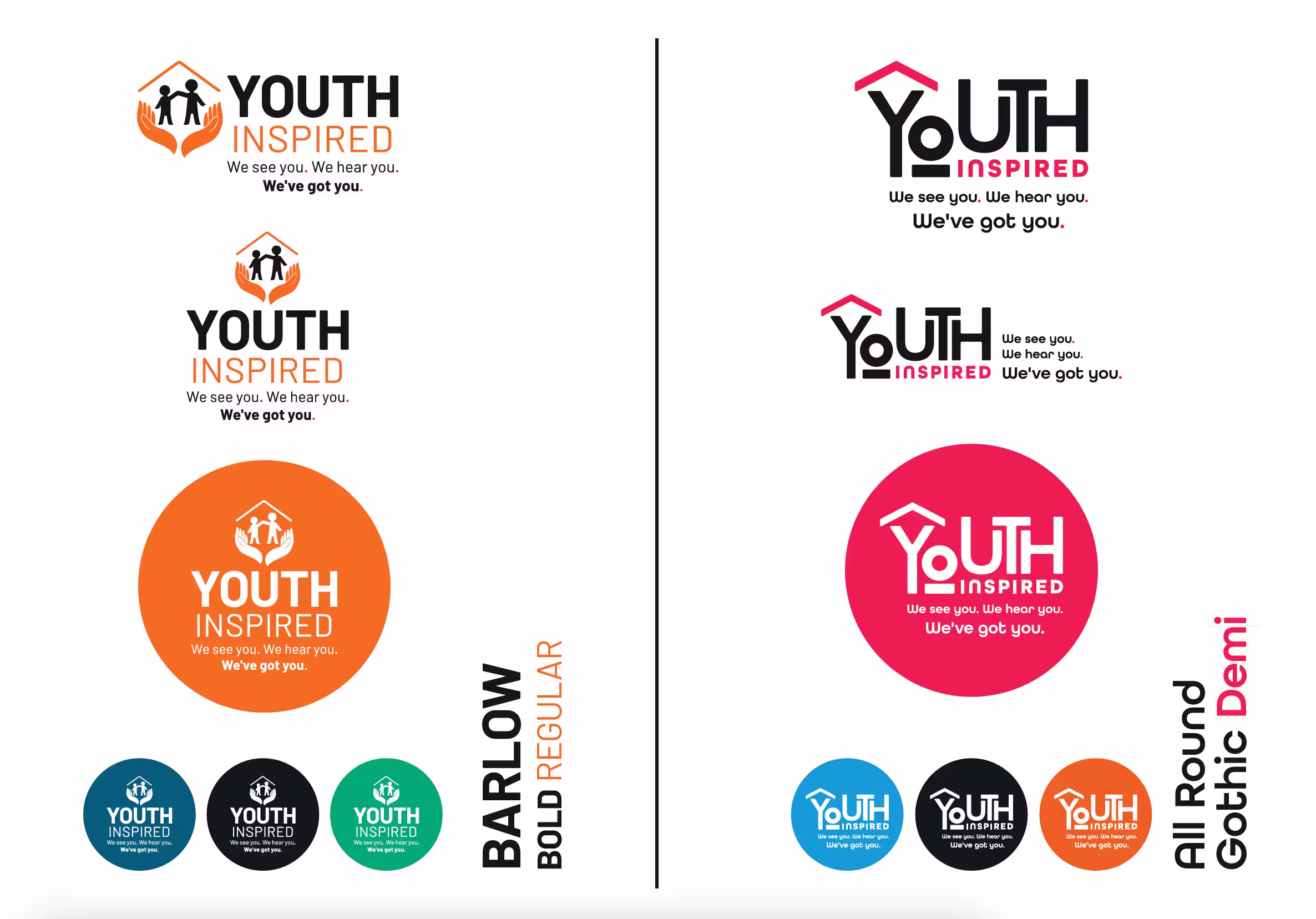 Brand identity sheet showing two logo concepts. The left side features an orange circle with a hands-and-people icon, while the right side shows a with a house-over-text design, with a bright pink brand colour.