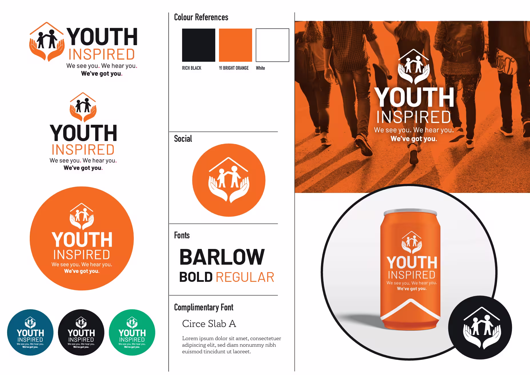 Mood board featuring an orange and black colour palette, and the logo applied to a social media icon, a drink can mockup, and an orange-tinted lifestyle photo of young people walking