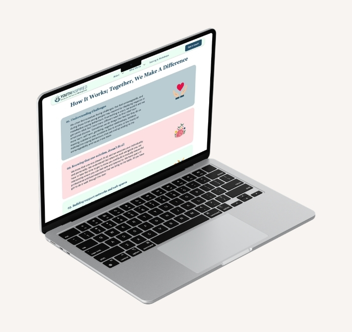 Laptop showing a "how it works"section, with each block in the new brand colours on blue, pink, and mint green