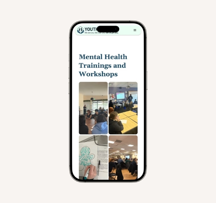 Mobile showing a Mental health and workshops page, starting with a heading, and four images of workshop participants