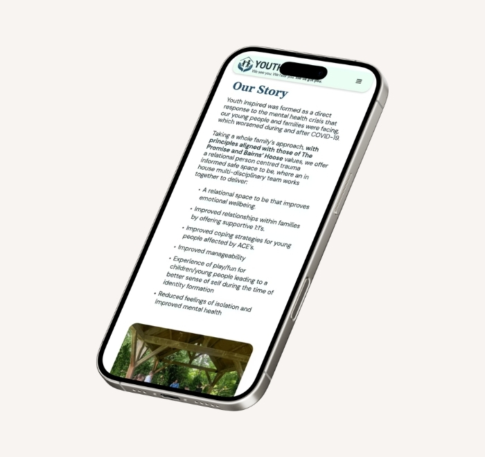Mobile showing "our story" section with a teal blue heading, paragraph and bullet points