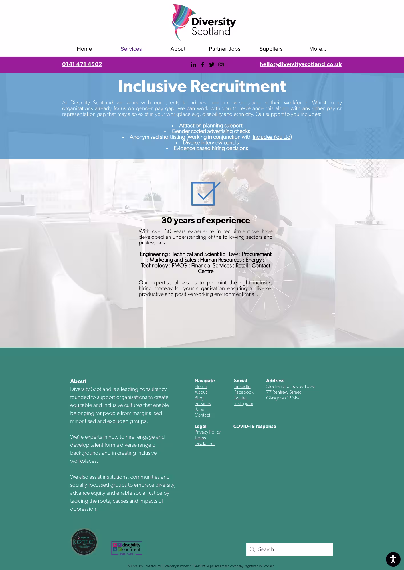 Inclusive recruitment page was styled with a large stock image as the background. A pale blue overlay with white text explains the service