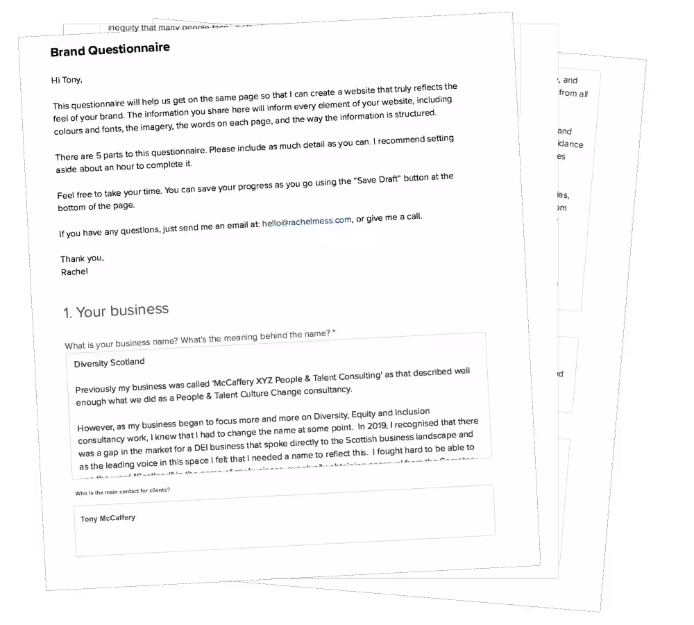 Three pages stacked on top of each other, showcasing the client questionnaire.