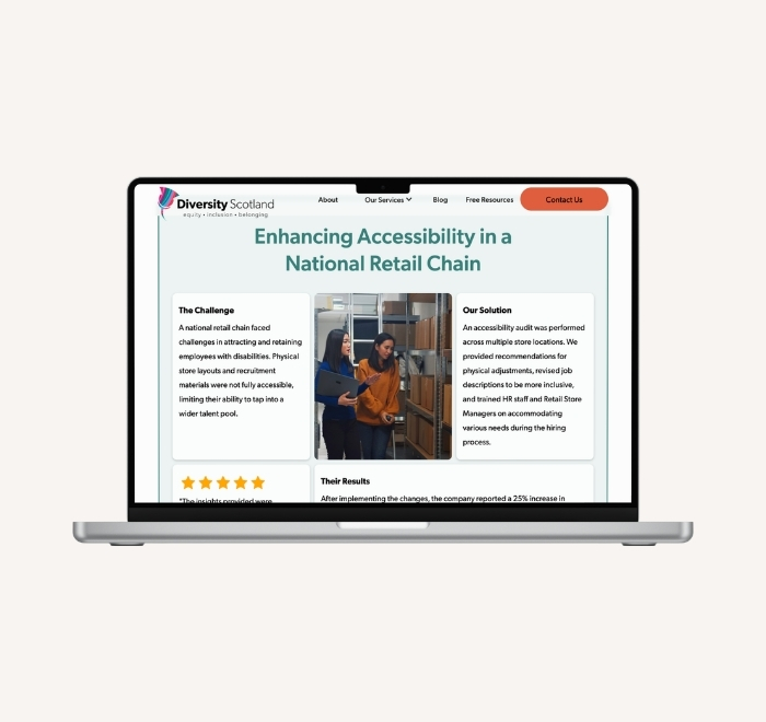 Laptop showing a Diversity Scotland case study, with bento grid layout explaining the challenge, solution, results, testimonial, and image.