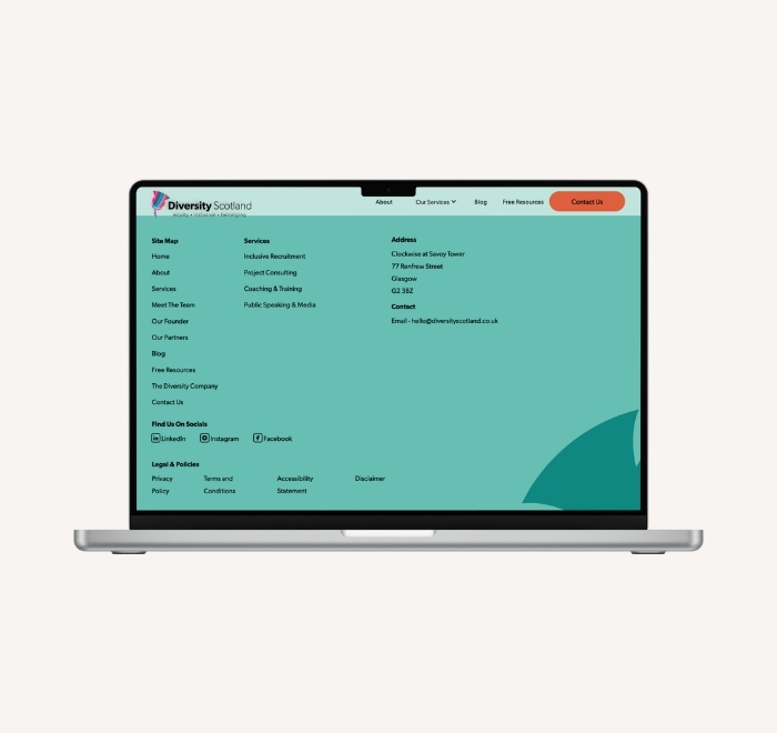 Laptop with an expansive footer, with a site map to all of the website pages, policies, social media links, and address. Background is a light turquoise, with a dark teal thistle placed in the bottom right corner.