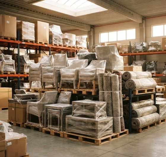 Palettes de produits stockées en entrepôt
