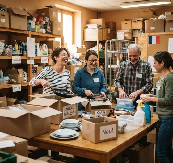 Bénévoles d’association triant des produits donnés