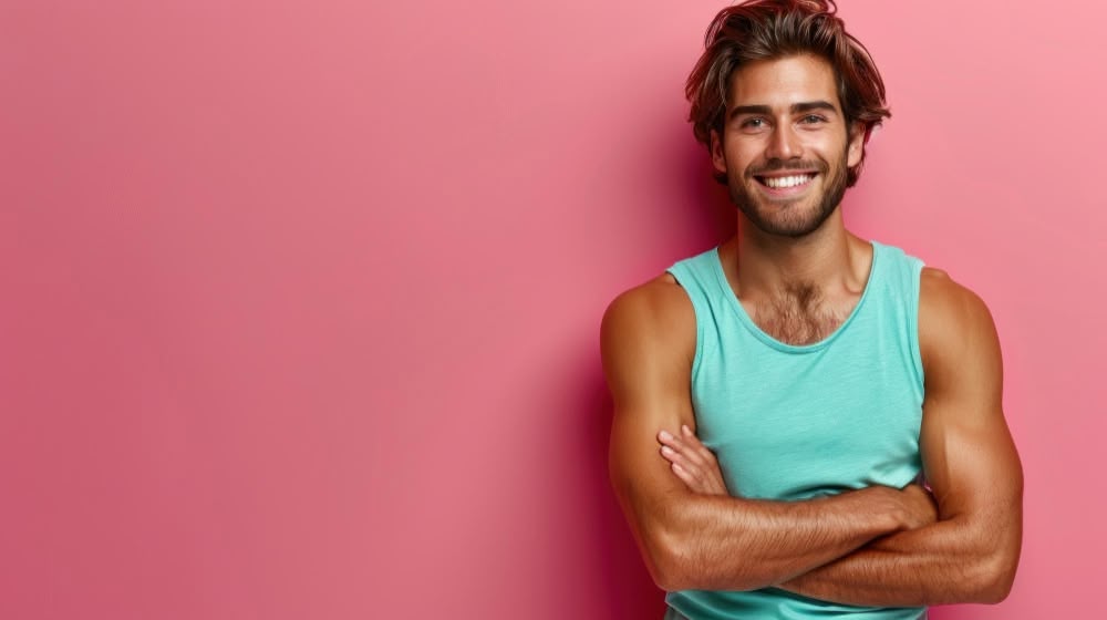 Smiling young man with folded arms wearing a turquoise sleeveless shirt against a pink background.