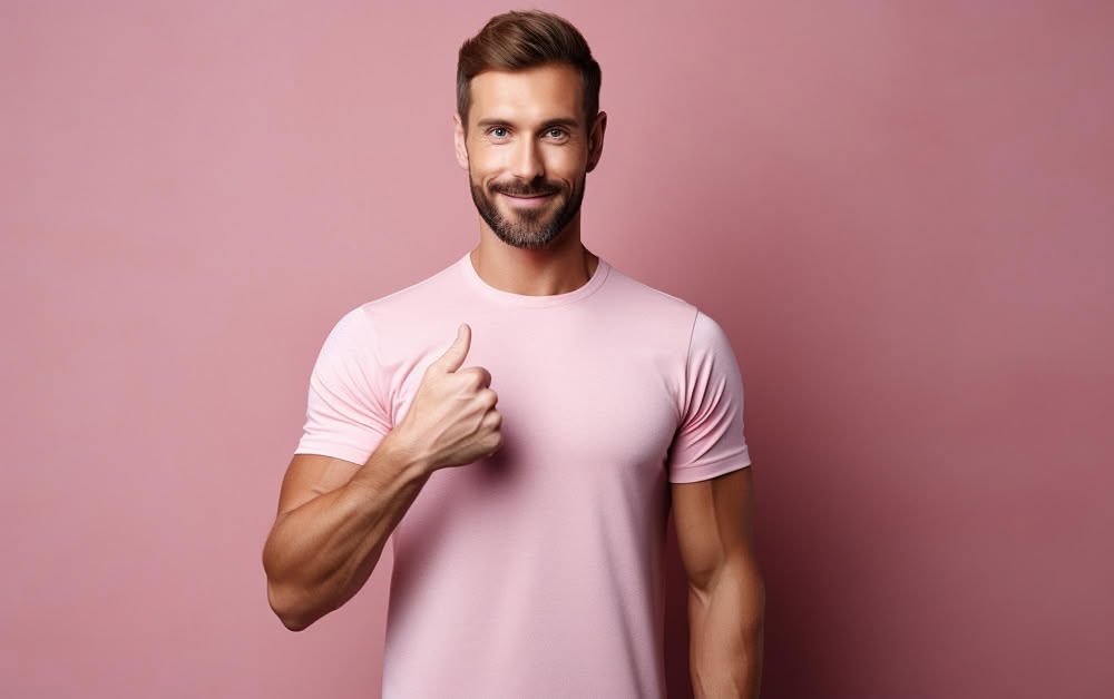 Smiling man in a pink t-shirt giving a thumbs-up against a pink background.