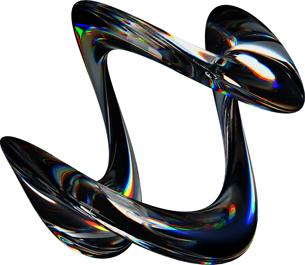 Abstract shiny black metallic sculpture with smooth, curved interconnected loops on a black background.