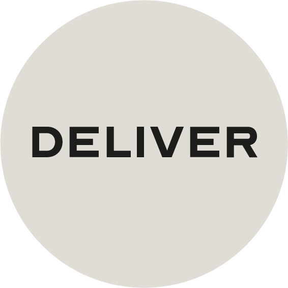 Black word 'DELIVER' centered on a light beige circular background.