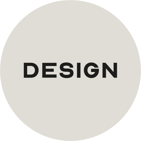 Circle with light beige background and the word DESIGN in bold black uppercase letters centered inside.