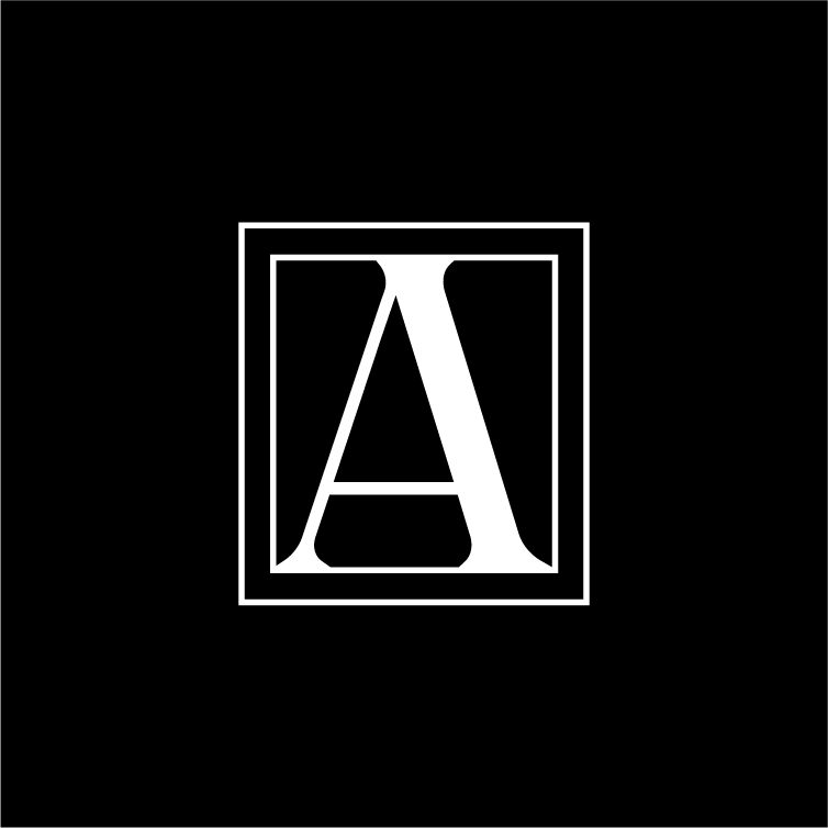 White capital letter A inside a double-lined square frame on a black background.