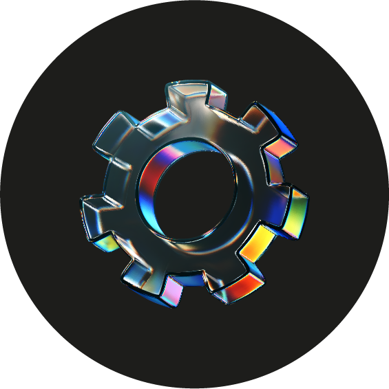 3D metallic gear with colorful reflections on a black circular background.