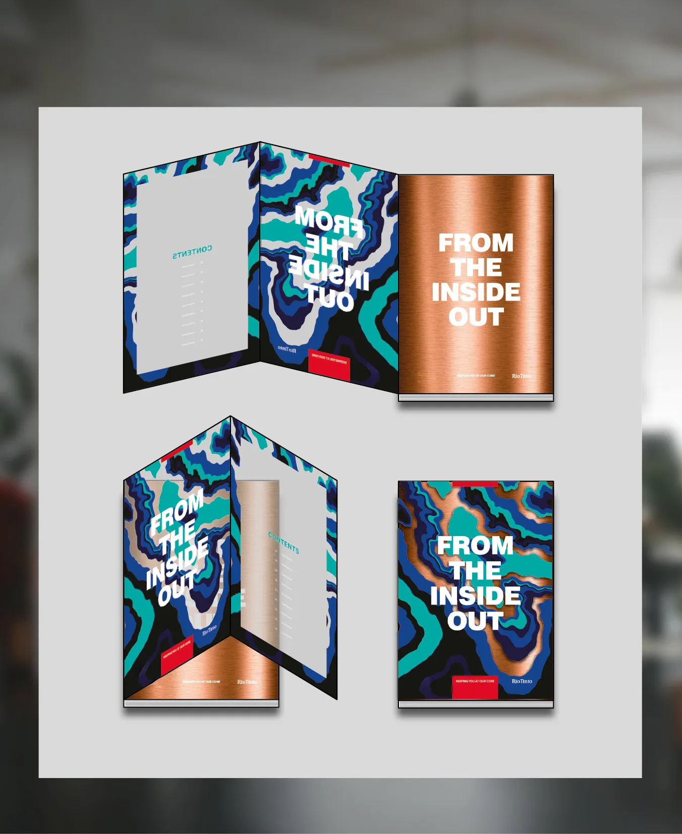 Four views of a brochure titled 'From the Inside Out' with abstract blue, teal, black, and copper patterns on the cover and inside pages.