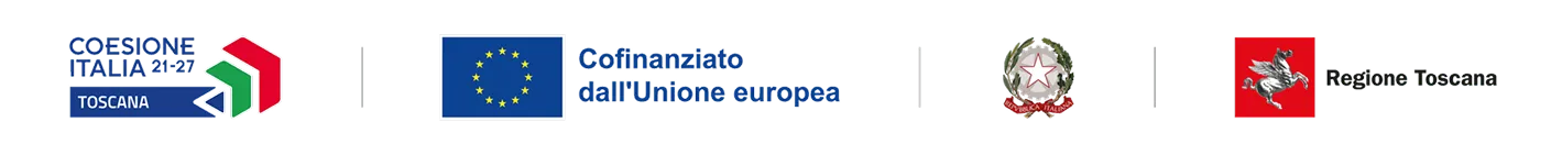 Logos representing the Italy Cohesion Policy 2021-27 Toscana, the European Union flag with text co-financed by the European Union, the emblem of the Italian Republic, and the Regione Toscana logo.