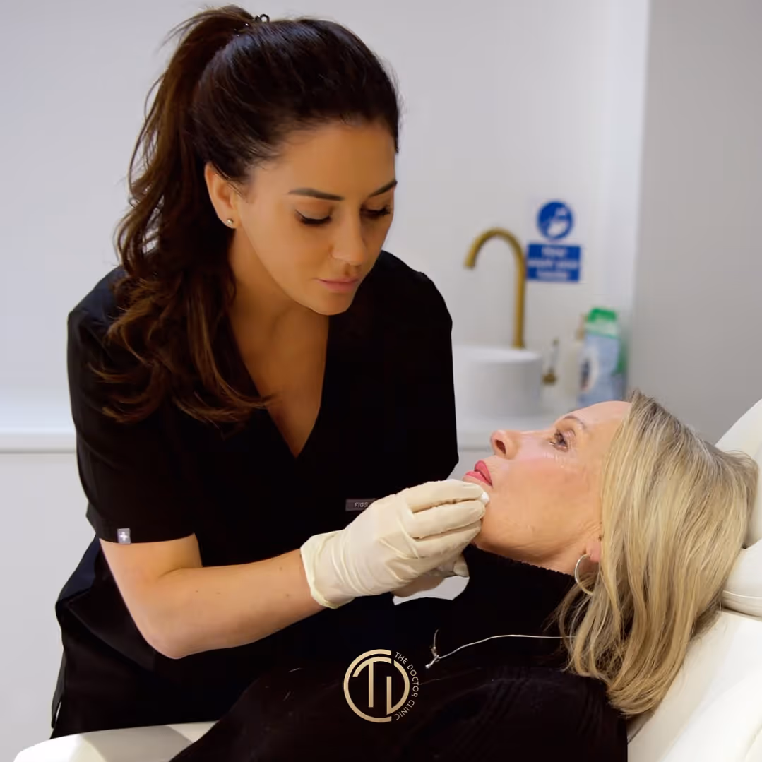 A woman in gloves examines another woman's face in a medical setting.