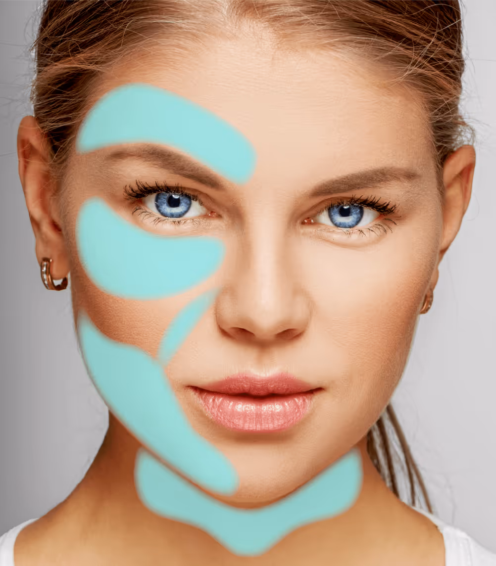 A woman with blue eyes has light blue face markings.