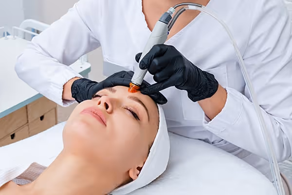 A person in a white coat uses a device for a facial treatment on another person's forehead.
