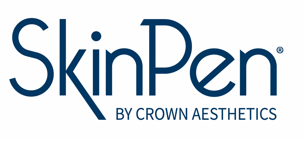 Logo with the text "SkinPen by Crown Aesthetics" in blue letters on a white background.