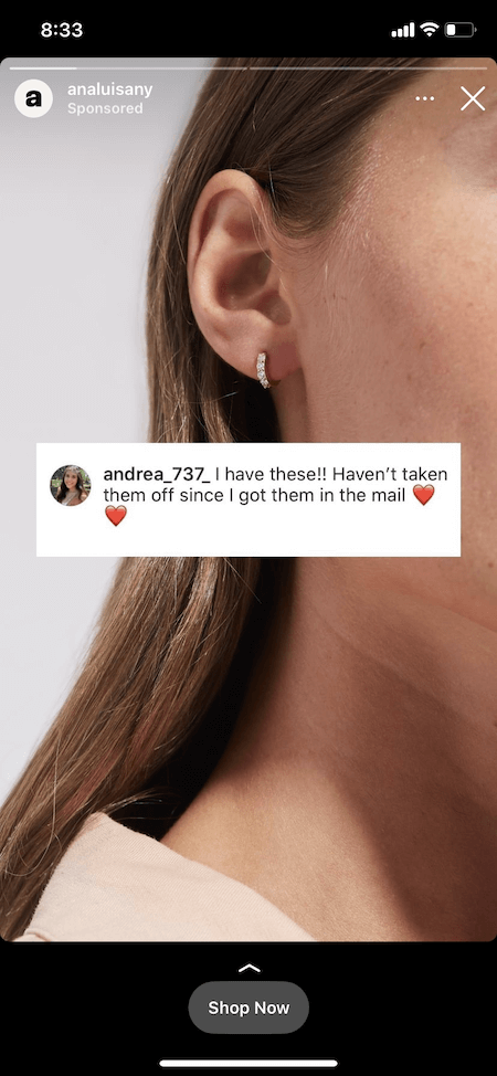 Ana Louisa using customer testimonials for their Instagram ad