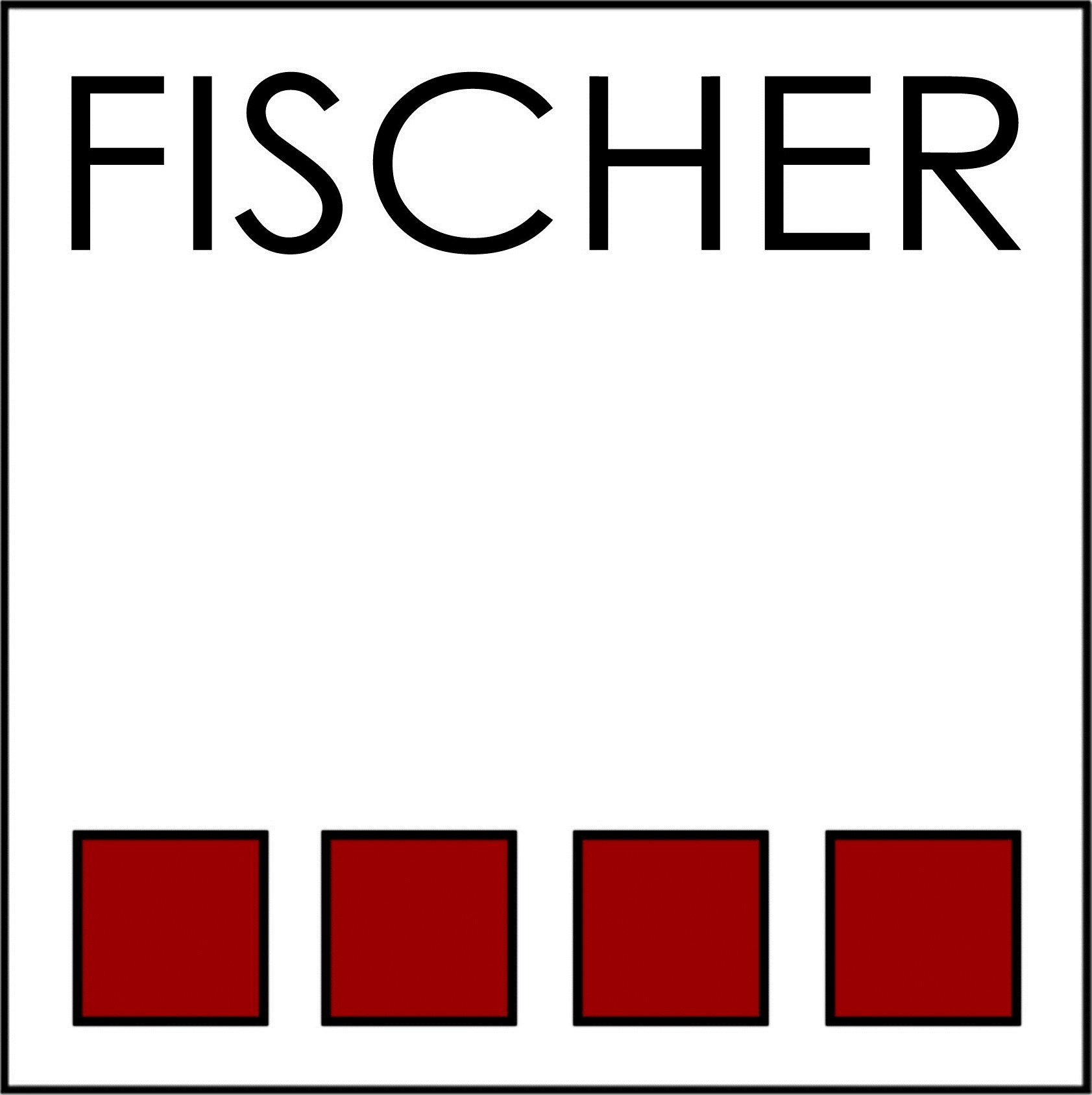 FISCHER text above four evenly spaced red squares outlined in black on a white background.