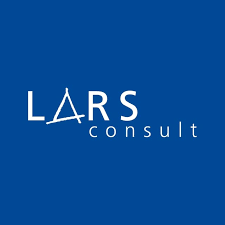Logo with text 'LARS consult' designed with a stylized letter A resembling a triangular structure on a blue background.